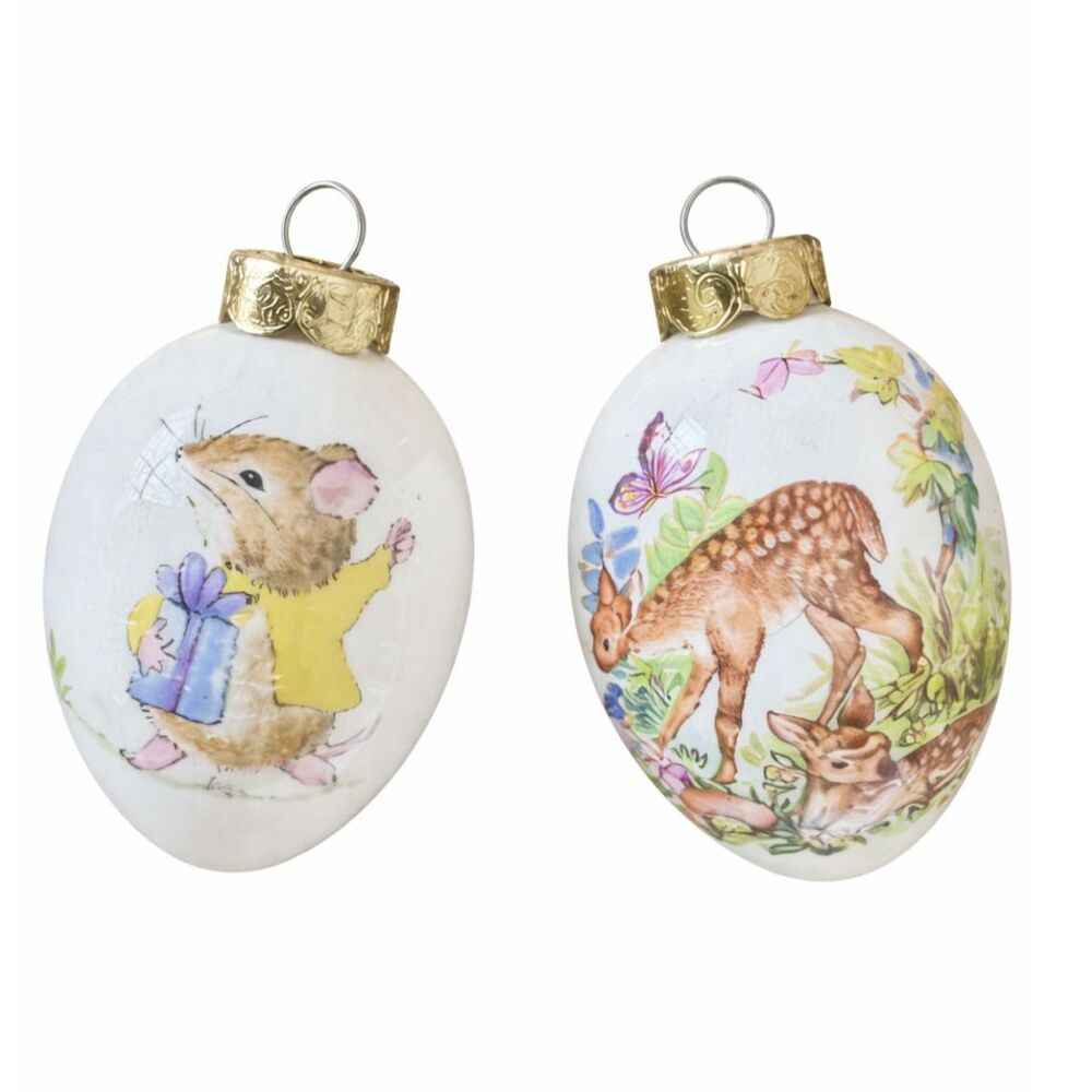 The Egg Lady VTG Porcelain Egg Ornaments Set 2 Mouse & Fawn Flowers Easter Decor